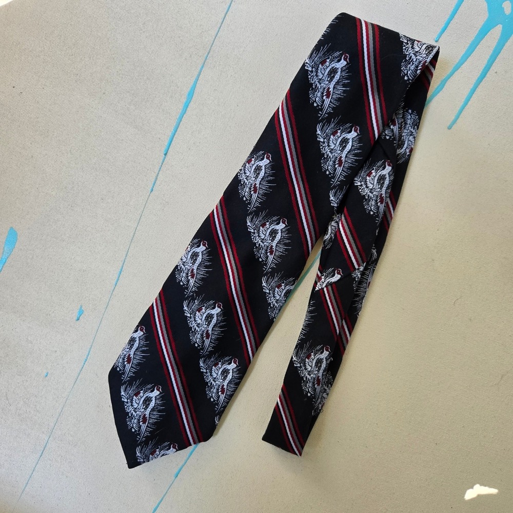 vtg 1970s Montgomery Ward Pheasant Hunting Striped Necktie Black Red Men's‎ Tie